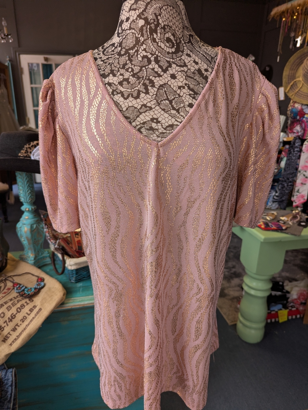 Women's Pink Metallic Wave V-Neck Top